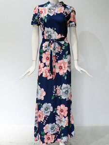 Short Sleeve Floral Print Long Dress