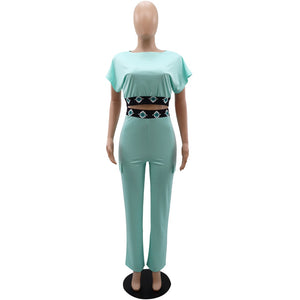 Two Piece Bat Sleeve Short Blouse & Straight Leg Pant Set