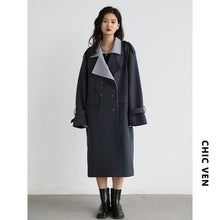 Solid Loose Contrast Double Collar Double Breasted Long Coat