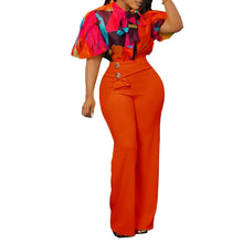 Two Piece Designer Printed Short-Sleeved Shirt & High-Waist Flared Pants Set