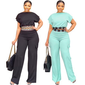 Two Piece Bat Sleeve Short Blouse & Straight Leg Pant Set