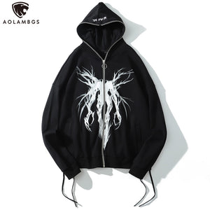 Aolamegs Punk Graphic Print Zipper Ribbon Hoodie