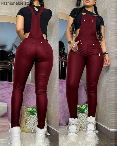 Buckled Zipper Design Suspendered Jumpsuit