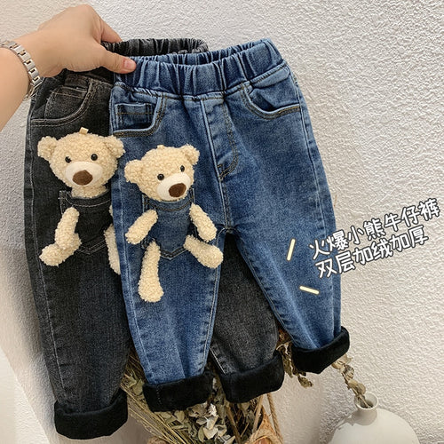 Cartoon Bear Designed Thick Warm Fleece Denim Trousers