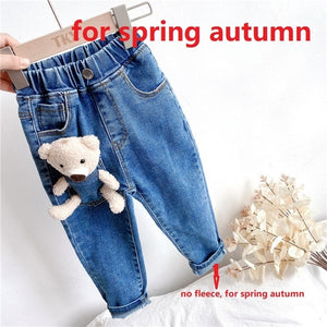 Cartoon Bear Designed Thick Warm Fleece Denim Trousers