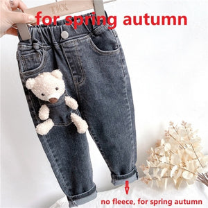 Cartoon Bear Designed Thick Warm Fleece Denim Trousers