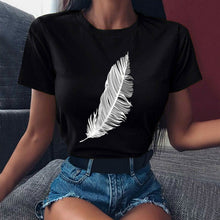 Feather Print Loose O-neck Short Sleeve Elastic Stretched Tee Shirt