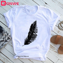 Feather Print Loose O-neck Short Sleeve Elastic Stretched Tee Shirt