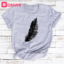 Feather Print Loose O-neck Short Sleeve Elastic Stretched Tee Shirt