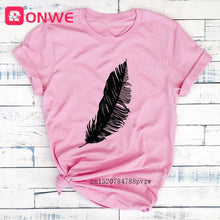 Feather Print Loose O-neck Short Sleeve Elastic Stretched Tee Shirt