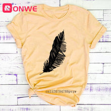 Feather Print Loose O-neck Short Sleeve Elastic Stretched Tee Shirt