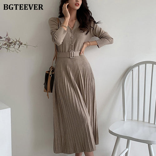 BGTEEVER Elegant V-neck Single-breasted Thicken Sweater Dress