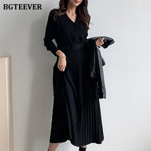 BGTEEVER Elegant V-neck Single-breasted Thicken Sweater Dress