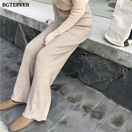 BGTEEVER Thick Loose Elastic Waist Straight Leg Knitted Long Pant