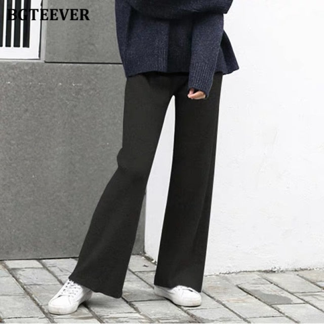 BGTEEVER Thick Loose Elastic Waist Straight Leg Knitted Long Pant