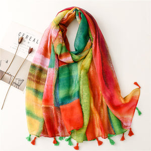 Color Blocked Tassel Viscose Shawl Scarf