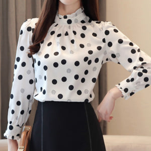 Chiffon Long Sleeve Polka Dot Ruffled Blouse