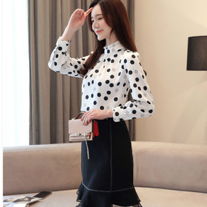 Chiffon Long Sleeve Polka Dot Ruffled Blouse